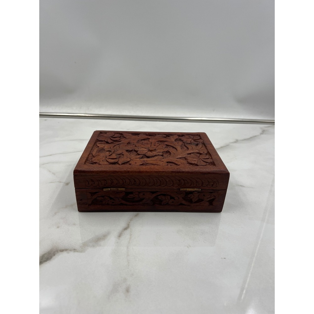 Vintage Hand Carved Floral Wooden Jewelry Box Trinket Keepsake Boho Dark Wood - Picture 3 of 11